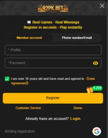 92PK Bet Register, login game image
