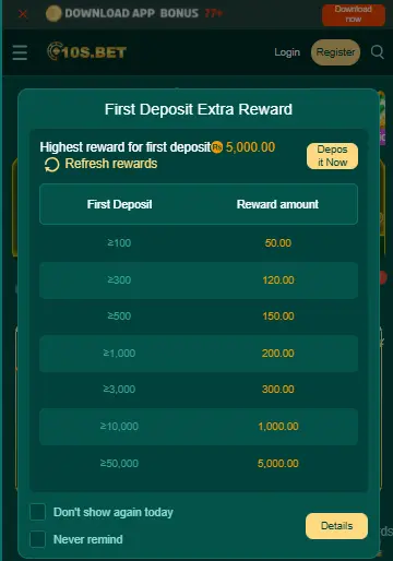 10sBet Game First Deposit bonus image