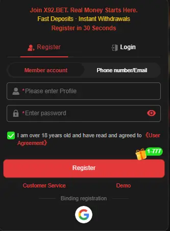 X92 Game register and login